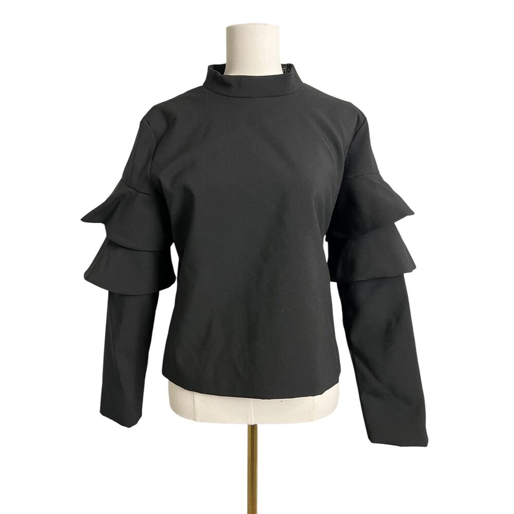 NOIRE Ruffle Bell Sleeve Mock Neck Blouse Womens XL Black Runway Dressy Top